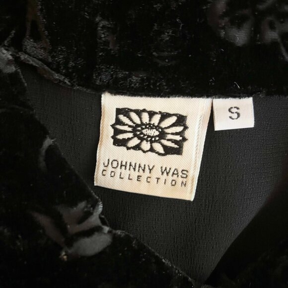 Vintage 1990s Johnny Was Size S Sheer Black Crepe Dress Velvet Trim - Picture 2 of 13